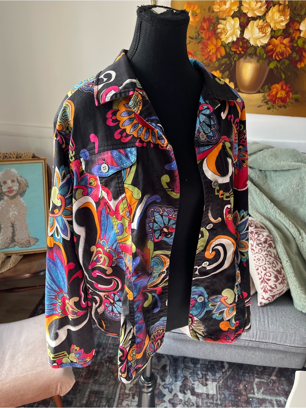 Women’s Vintage Chicos Vibrant Multicolor Paisley Print on Black Shirt Top M - Picture 3 of 6